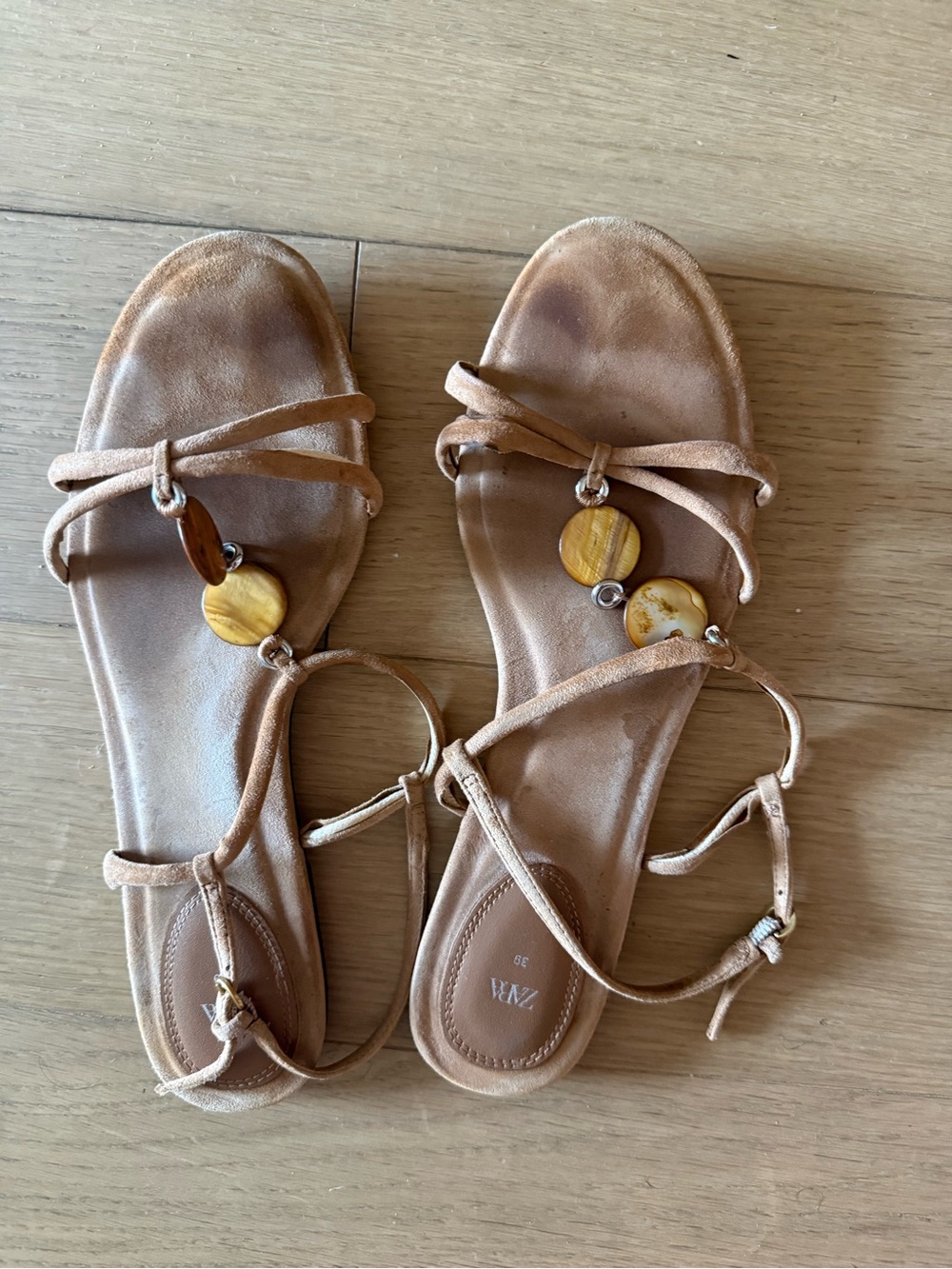Zara Tan Suede Beaded Strappy Sandals